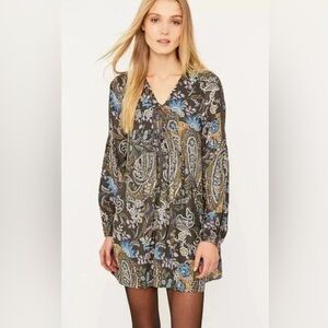 Free People Rain or Shine Paisley Floral Tie Up Dress Tunic‎ Gray Long Sleeve XS